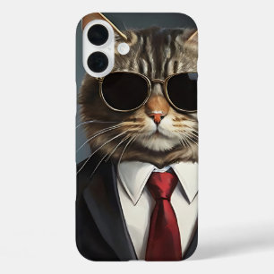Coque Pour iPhone 16 Plus Cool Chat Businessman Lunettes de soleil Corporate
