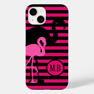Coque Case-Mate iPhone Cool Flamant rose noir et rose rayures Monogramme