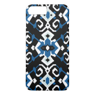 Coque iPhone 8 Plus/7 Plus Cool moderne bleu blanc noir ikat motif tribal
