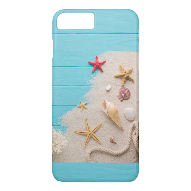 Coques Case-Mate iPhone Coque-coque iphone de mer de sable (A vibrant phone case featuring seashells, starfish, and coral arranged on a sandy beach background. )