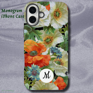 Coque Pour iPhone 16 Plus Coquelicots blancs et orange sur fond noir avec in
