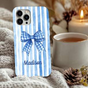 Coque iPhone 16 Pro Coquette bleu rayé arc toile monogramme