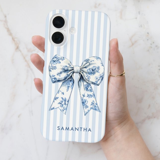 Coques Case-Mate iPhone Coquette Moderne Bleu Gris Fille Bow Nom personnal (Modern Coquette Blue Stripes Girly Bow Custom Name Case-Mate iPhone Case)