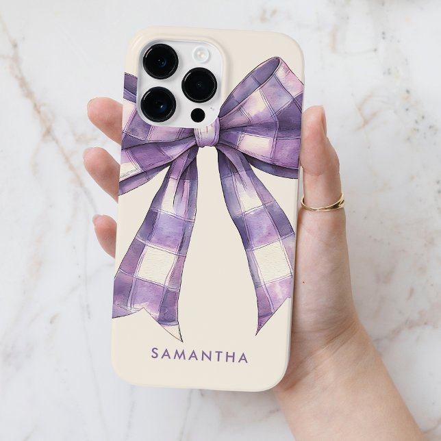 Coques Case-Mate iPhone Coquette Purple Aquarelle À damiers Bow avec nom (Coquette Purple Watercolor Checkered Bow with Name Case-Mate iPhone Case)