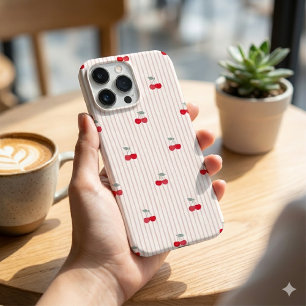 Coque iPhone 16 Pro Max Coquette Rétro Branché Cerises Rayure à pois rouge