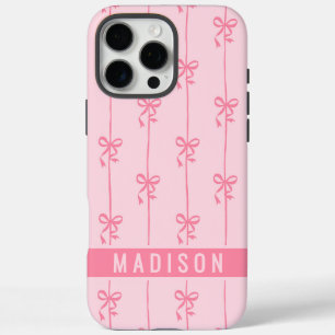 Coque iPhone 16 Pro Max Coquette Rose Bows Moderne Nom Personnalisé Fille
