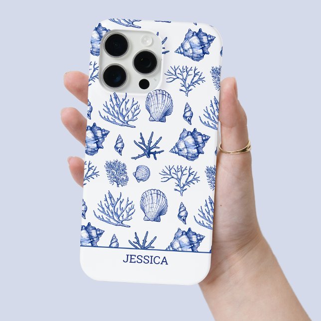 Coques Case-Mate iPhone Coquillages bleus modernes personnalisés plage côt (Modern Blue Seashell Custom Name Coastal Beach Case-Mate iPhone Case)