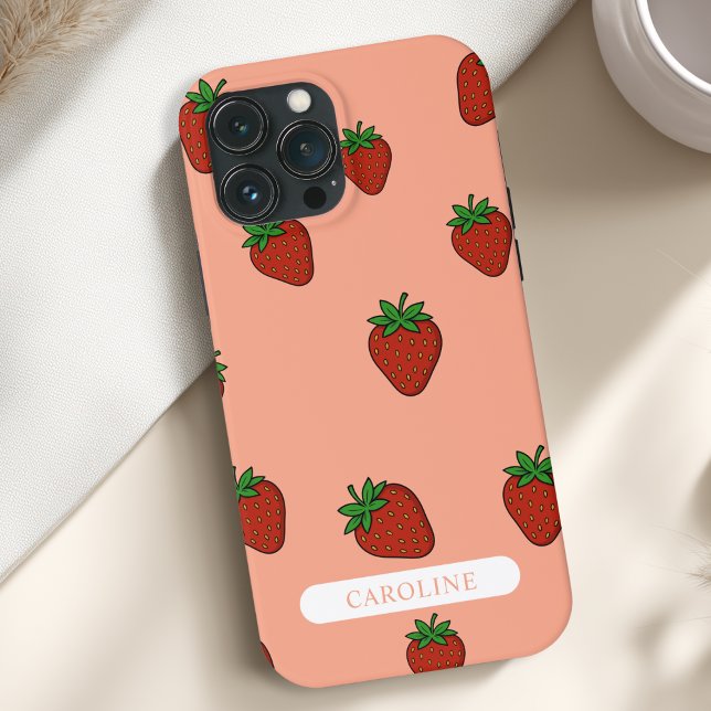 Coques Case-Mate iPhone Corail aux fraises personnalisé (Custom Strawberry Case-Mate Coral iPhone Case with your Name or Text)