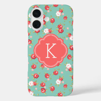 Coque Pour iPhone 16 Corail et Aqua Chic Vintage Floral Imprimer Monogr