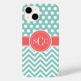 Coque Pour iPhone 14 Corail et Aqua Polka Dot Chevron Monogramme