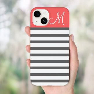 Coque Pour iPhone 14 Corail et Charcoal Preppy Stripes Personnalisé Mon