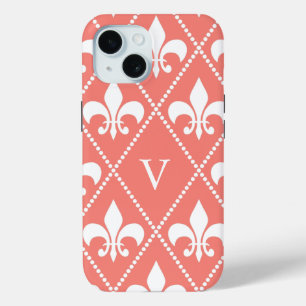 Coque Case-Mate iPhone Corail Fleur de Lis avec monogramme