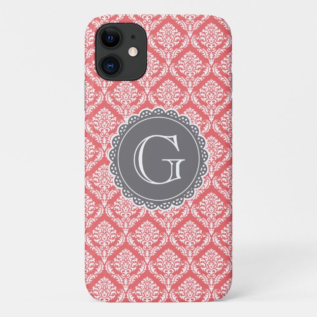 Coques Case-Mate iPhone Corail Floral Damask Patte Gris Monogramme (Dos)