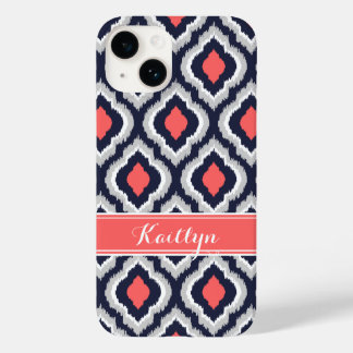 Coque Pour iPhone 14 Corail gris et marine Ikat Monogramme marocain