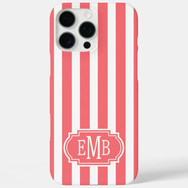 Coques Case-Mate iPhone Coral and White Monogrammed Stripes (Verso)