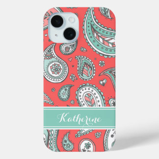 Coque Pour iPhone 15 Coral Bohemian Paisley Monogramme personnalisé