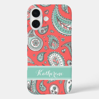 Coques iPhone 16 Coral Bohemian Paisley Monogramme personnalisé