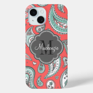 Coque Pour iPhone 15 Coral Bohemian Paisley Monogramme personnalisé
