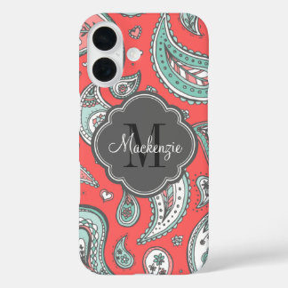 Coque Pour iPhone 16 Coral Bohemian Paisley Monogramme personnalisé