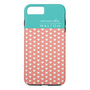 Coque iPhone 8 Plus/7 Plus Coral et Aqua Hearts Motif Nom personnalisé