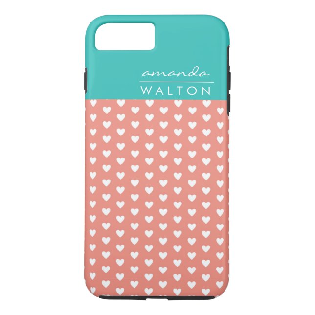 Coques Case-Mate iPhone Coral et Aqua Hearts Motif Nom personnalisé (Dos)