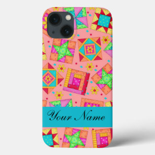 Coques Pour iPhone Coral Orange Coloré Patchwork Quilt Block Personna