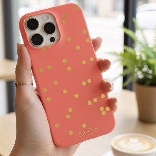 Coque iPhone 16 Pro Max Coral rose Faux Or Foil Confetti Dots Monogramme