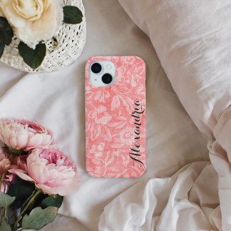 Coque Pour iPhone 16 Coral Vintage Floral Imprimer Monogramme
