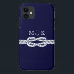 Coque iPhone 11 Corde et monogramme nautiques d'Ancre dans la<br><div class="desc">Ancre nautique avec le motif de corde pour votre couverture de téléphone. Ajoutez vos initiales pour customiser cet autre.</div>