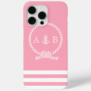 Coque iPhone 15 Pro Max Corde marine rose et Ancre Monogrammé