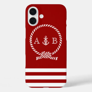 Coques iPhone 16 Plus Corde marine rouge et Ancre Monogrammé