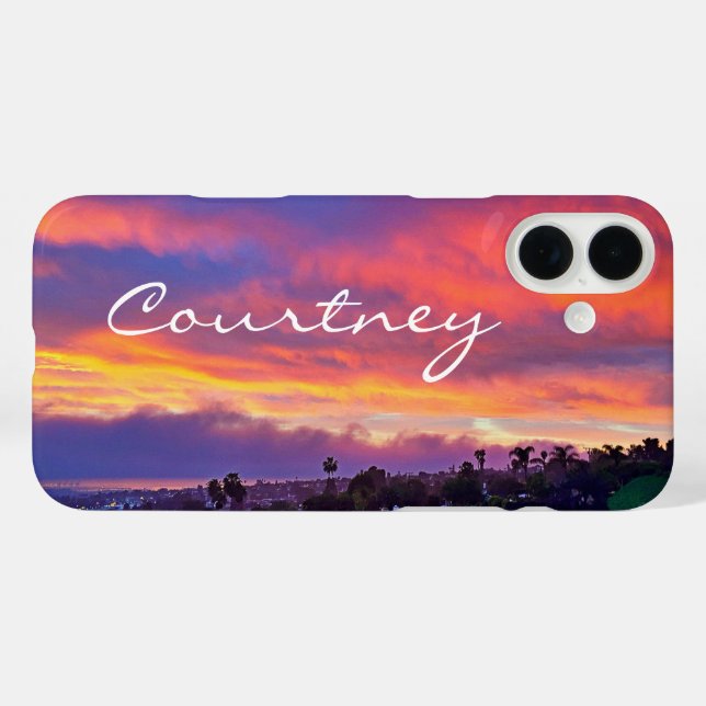Coques Case-Mate iPhone Coucher de soleil bleu rose ajouter votre nom en g (Verso (horizontal))