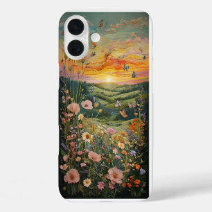 Coque Pour iPhone 16 Plus Coucher de soleil sur une prairie fleurie aux papi