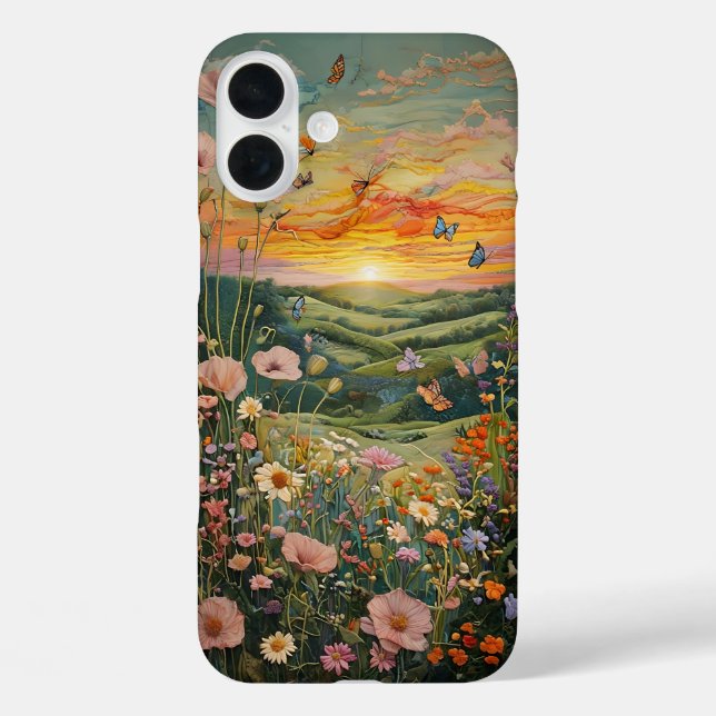 Coques Case-Mate iPhone Coucher de soleil sur une prairie fleurie aux papi (Verso)
