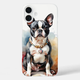 COQUE POUR iPhone 16 PLUS COULEUR D'EAU NOIR & BLANC BOSTON TERRIER CHIEN