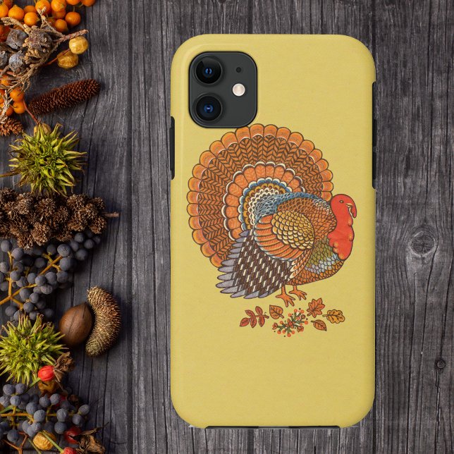 Coques Case-Mate iPhone Couleurs d'automne Feuilles de dinde (Colourful male turkey in leaves with fanned tail on golden yellow phone case.)