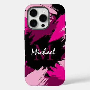 Coque iPhone 16 Pro Coups de pinceau nuances de rose chaud nom avec mo