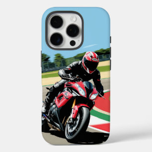 Coque iPhone 16 Pro Coureur de moto de sport filant le long d'une côte