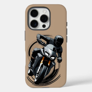 Coque iPhone 16 Pro Coureur de moto sportive minimaliste dans un envir