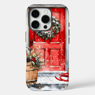 Coque iPhone 16 Pro Couronne de Noël rouge rustique vintage pour porte