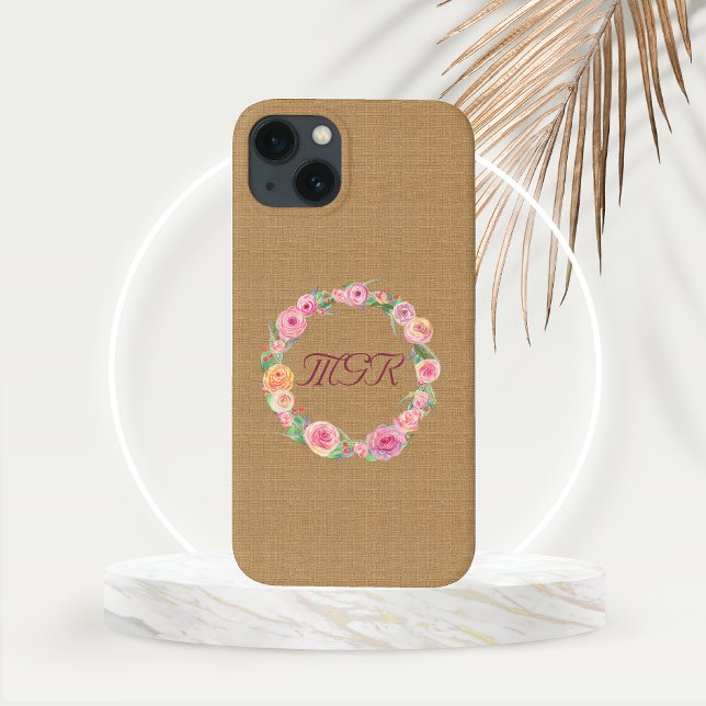 Coques Case-Mate iPhone Couronne de rose rustique avec monogramme sur toil (Pastel Rose Wreath with Monogram set on a Burlap Background Phone Case)