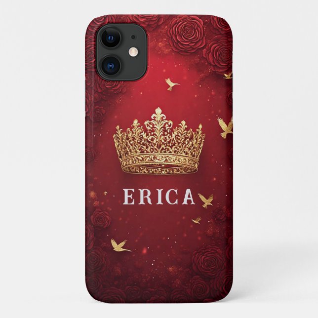 Coques Case-Mate iPhone Couronne dorée sur fond rouge entourée de roses (Dos)