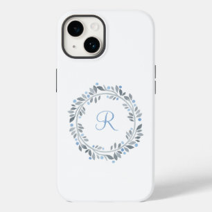 Coque Case-Mate iPhone Couronne florale de monogramme bleu gris blanc