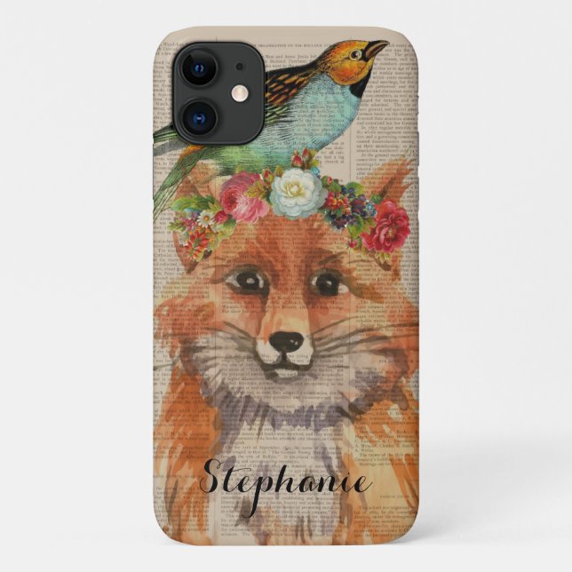 Coques Case-Mate iPhone Couronne florale de renard à l'aquarelle Nom perso (Dos)