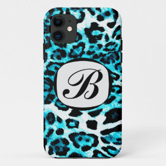 Coque Case-Mate iPhone Couverture bleue d'iPhone d'initiale de léopard de