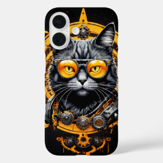 Coque Pour iPhone 16 Couverture de chat jaune cyber futuriste