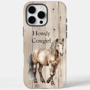 Coque iPhone 16 Pro Max Cowgirl Occidental Cheval Bois Faux