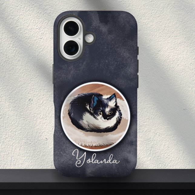 Coques Case-Mate iPhone Cozy Black White Sleeping Cat Art Custom Name  (Créateur téléchargé)