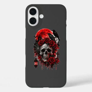 Coque Pour iPhone 16 Plus Crâne de corbeau gothique sombre avec roses cramoi
