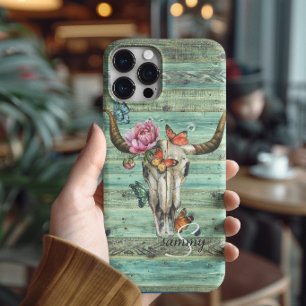 Coque iPhone 16 Pro Max Crâne de Longhorn Bohème Monogramme Floral
